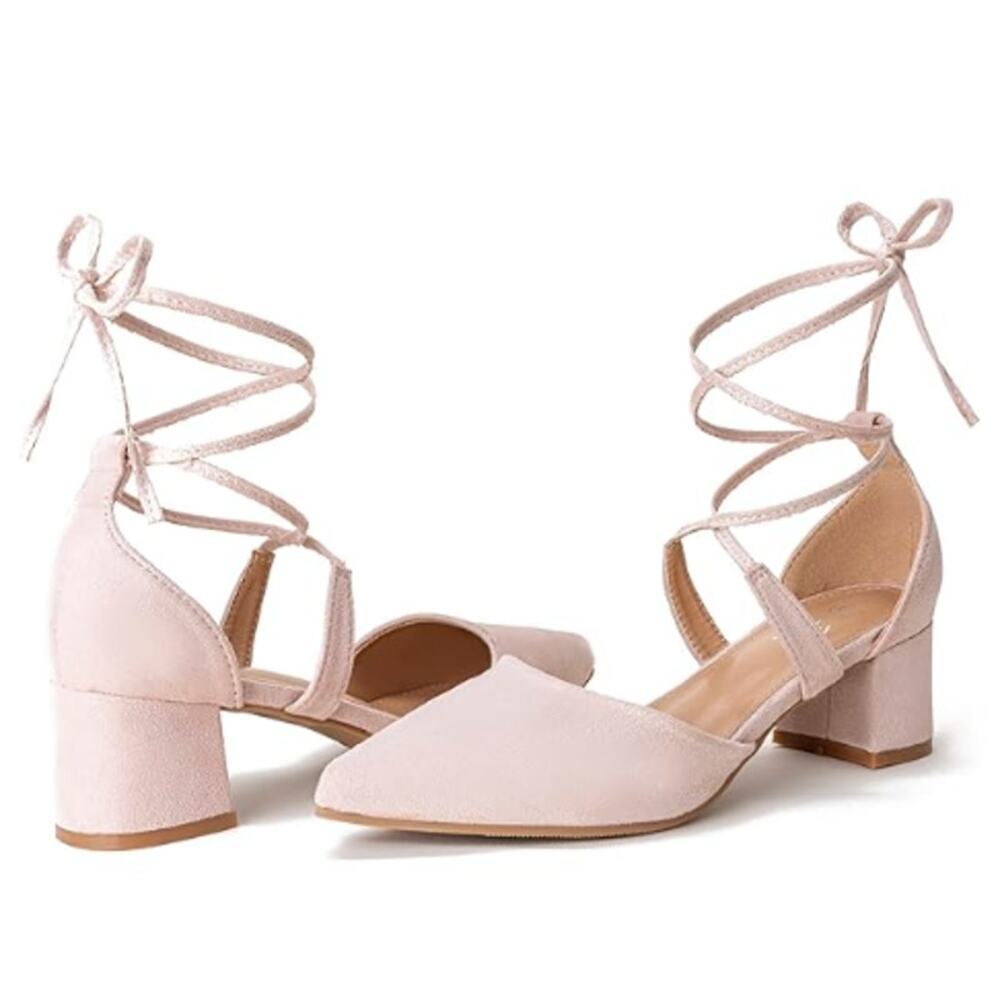 NEW Heel The World Women's Nude Pointed Toe Lace Up Low Block Heels Size 11 - Picture 2 of 11